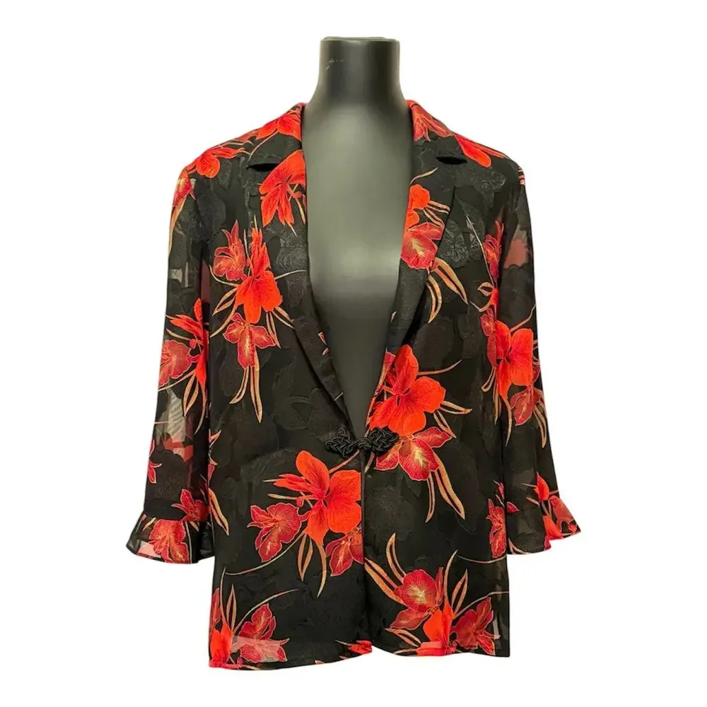 Vintage Koret Dress Sheer Floral Jacket Black Red Frog Closure, size12